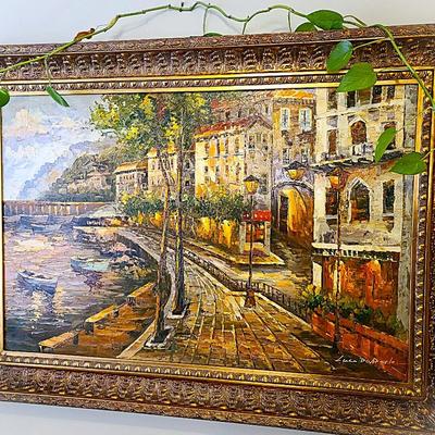 Luca DeAngelo Original Oil Painting – Large European Canal Cityscape in Ornate Gilt Frame