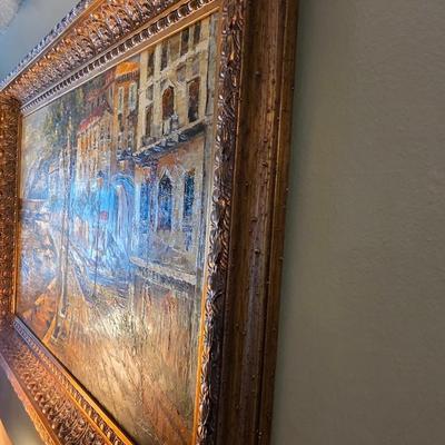 Luca DeAngelo Original Oil Painting – Large European Canal Cityscape in Ornate Gilt Frame