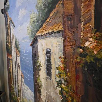 Original Oil Painting of a Mediterranean Hillside Village by Marino