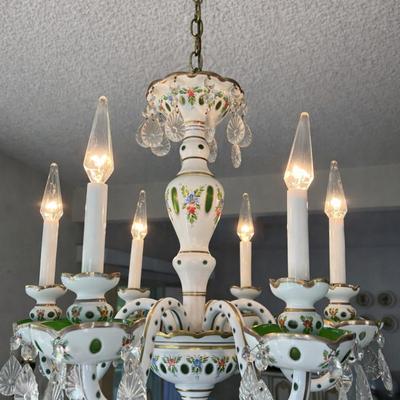 Elegant Vintage Italian Porcelain Chandelier, Hand-Painted Florals & Crystal Drops