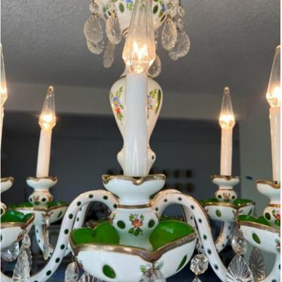 Elegant Vintage Italian Porcelain Chandelier, Hand-Painted Florals & Crystal Drops