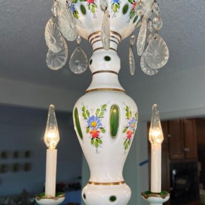 Elegant Vintage Italian Porcelain Chandelier, Hand-Painted Florals & Crystal Drops