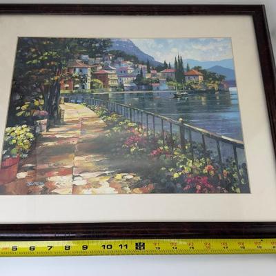 Framed Coastal Village Art Print  Mediterranean Harbor Walkway Scene