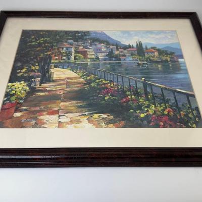 Framed Coastal Village Art Print  Mediterranean Harbor Walkway Scene