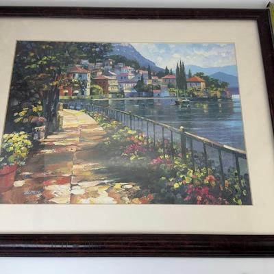 Framed Coastal Village Art Print  Mediterranean Harbor Walkway Scene
