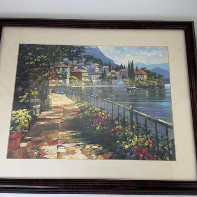 Framed Coastal Village Art Print  Mediterranean Harbor Walkway Scene