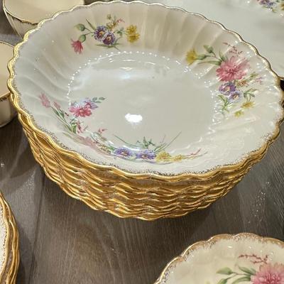 22K Pure Gold Vintage Floral Porcelain Dinnerware Set With Gold Trim Plates, Cups, Bowls & Serving 43 Pieces