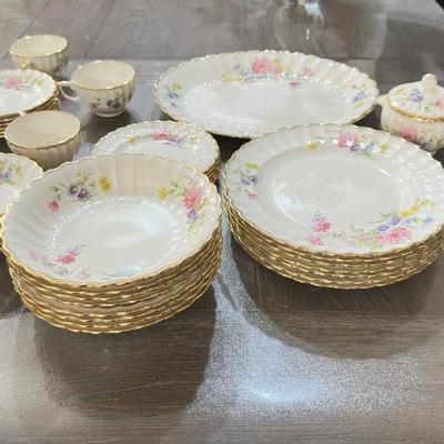 22K Pure Gold Vintage Floral Porcelain Dinnerware Set With Gold Trim Plates, Cups, Bowls & Serving 43 Pieces