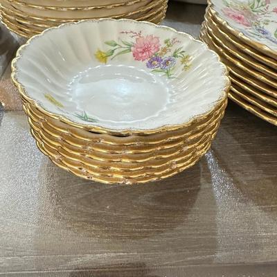 22K Pure Gold Vintage Floral Porcelain Dinnerware Set With Gold Trim Plates, Cups, Bowls & Serving 43 Pieces