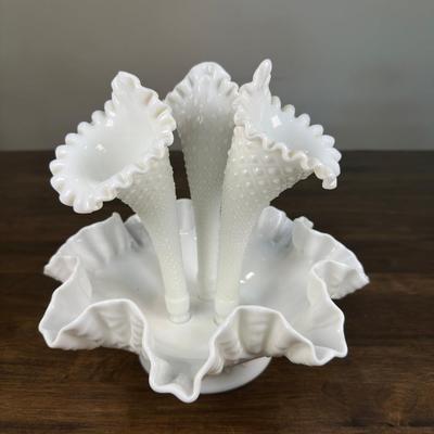 Vintage White Fenton Hobnail Milk Glass Epergne Vase Ruffled Bowl