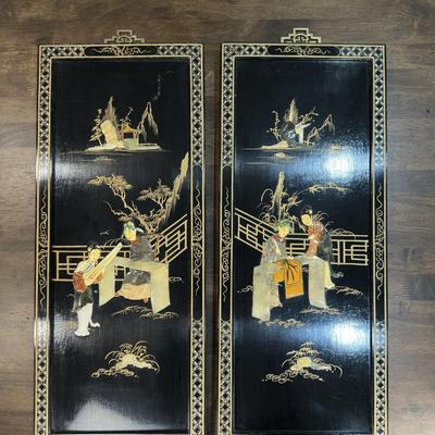 Vintage Japanese Black Lacquer And Stone Wood Panel Decor