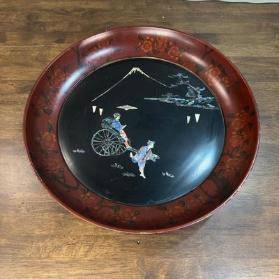 An Oriental Picture In Red Lacquered Frame