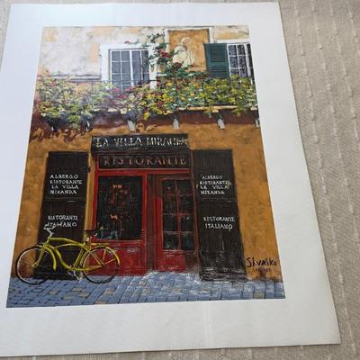 Signed European Caf Scene Painting La Villa Miranda  Italian Ristorante Street View With Bicycle