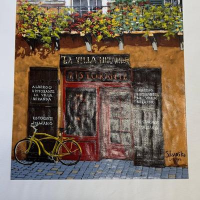 Signed European Caf Scene Painting La Villa Miranda  Italian Ristorante Street View With Bicycle