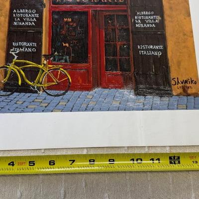 Signed European Caf Scene Painting La Villa Miranda  Italian Ristorante Street View With Bicycle
