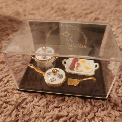 German Blue and Gold Doll Dish Set with Eggs and Sausage