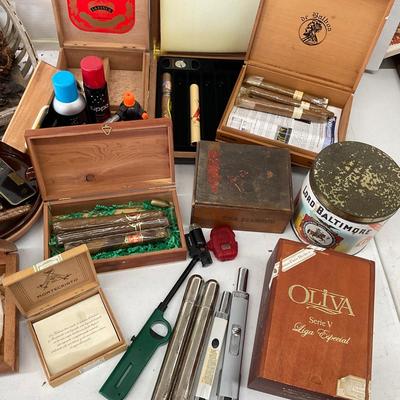 896 Lot of Cigar Boxes, Tobacco Leaf, Tin, Lighters and more