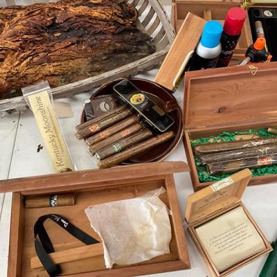 896 Lot of Cigar Boxes, Tobacco Leaf, Tin, Lighters and more