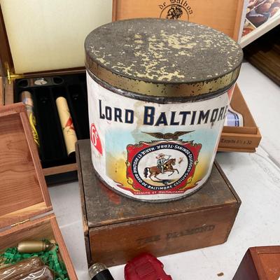 896 Lot of Cigar Boxes, Tobacco Leaf, Tin, Lighters and more