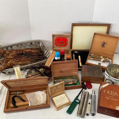 896 Lot of Cigar Boxes, Tobacco Leaf, Tin, Lighters and more