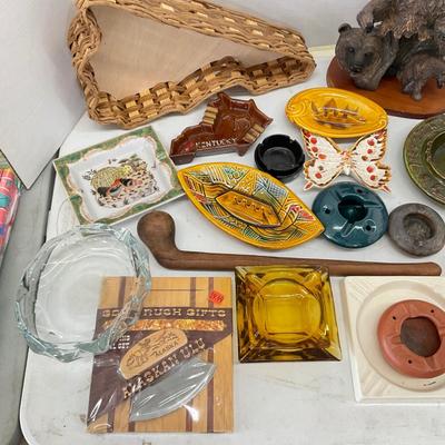 897 Large Lot of Vintage Ashtrays, Bear Sculpture, Cutting Boards