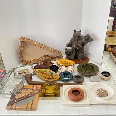 897 Large Lot of Vintage Ashtrays, Bear Sculpture, Cutting Boards