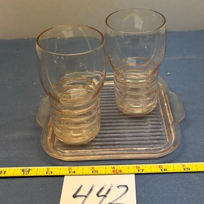 Vintage Pink Depression Glass Tumblers with Tray