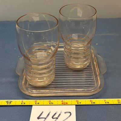 Vintage Pink Depression Glass Tumblers with Tray