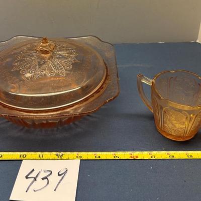 Jeannette Pink 9” Covered Depression Glass Bowl and Creamer