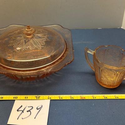 Jeannette Pink 9” Covered Depression Glass Bowl and Creamer