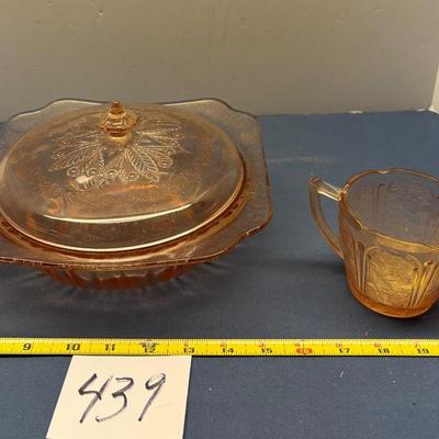 Jeannette Pink 9” Covered Depression Glass Bowl and Creamer