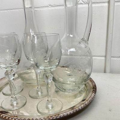 963 Set of Etched Decanters with 4 Wine and Silverplated Tray