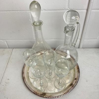963 Set of Etched Decanters with 4 Wine and Silverplated Tray