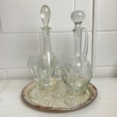 963 Set of Etched Decanters with 4 Wine and Silverplated Tray
