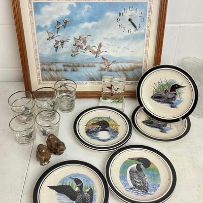 964 Lot of Waterfowl Dishes, Glassware, Wall Clock