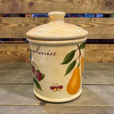 Pier 1 Provence Earthenware Canister with Painted Fruit and Butterfly Motif
