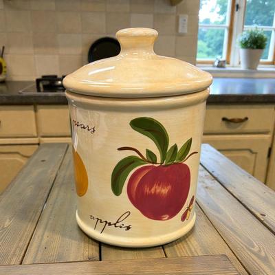 Pier 1 Provence Earthenware Canister with Painted Fruit and Butterfly Motif
