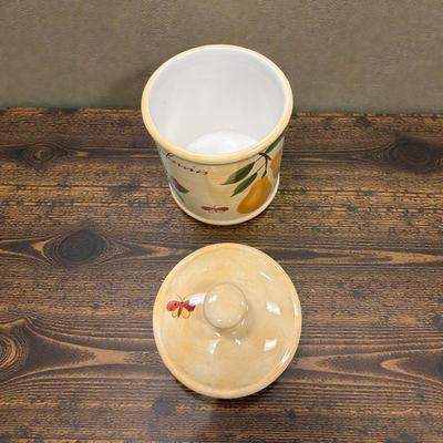 Pier 1 Provence Earthenware Canister with Painted Fruit and Butterfly Motif