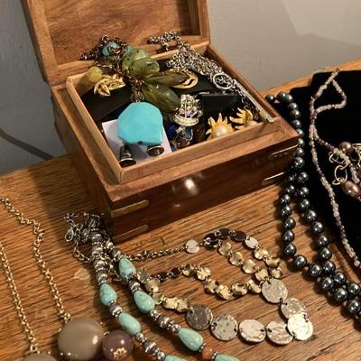 Vintage Designer Costume Jewelry Lot - 24 Beautiful Pieces + Brass Inlaid Wooden Jewelry Box!