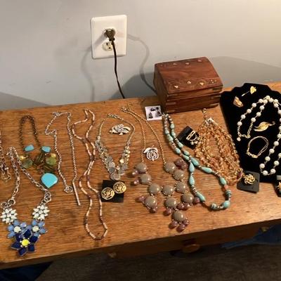 Vintage Designer Costume Jewelry Lot - 24 Beautiful Pieces + Brass Inlaid Wooden Jewelry Box!
