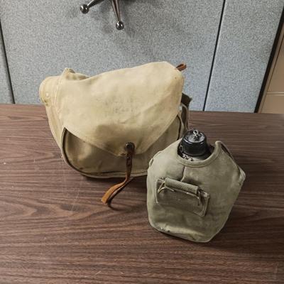 US MILITARY ISSUE CANVAS PACK WITH LEATHER LINING AND A CANTEEN