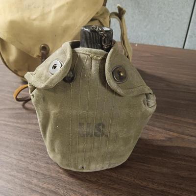 US MILITARY ISSUE CANVAS PACK WITH LEATHER LINING AND A CANTEEN