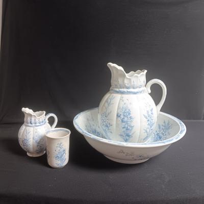 ANTIQUE KENT EMERY BURSLEM WASH BOWL, PITCHER, DRINKING CUP AND SMALL PITCHER