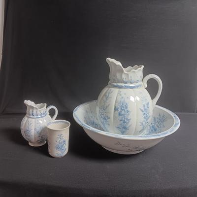 ANTIQUE KENT EMERY BURSLEM WASH BOWL, PITCHER, DRINKING CUP AND SMALL PITCHER