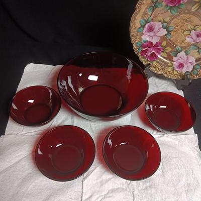 NIPPON HAND PAINTED PLATE AND A RED GLASS SERVING AND 4 INDIVIDUAL BOWLS