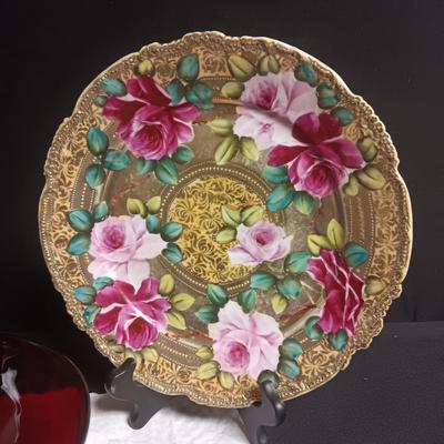 NIPPON HAND PAINTED PLATE AND A RED GLASS SERVING AND 4 INDIVIDUAL BOWLS