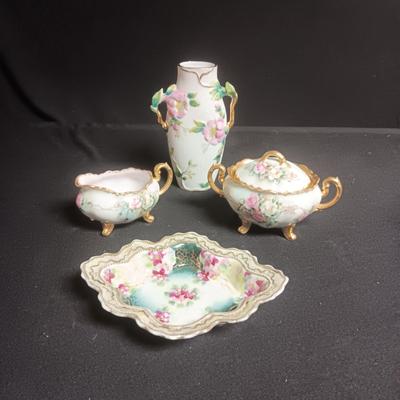 DAINTY ROYAL AUSTRIA CREAM & SUGAR SET, BUD VASE AND SMALL PLATE
