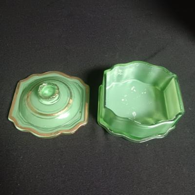 GREEN GLASS POWDER OR TRINKET BOX, LENOX FORTUNE ELEPHANT & VANITY MIRROR
