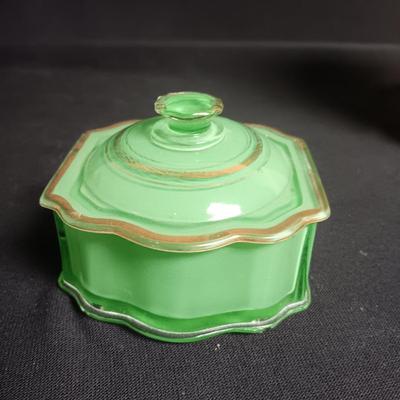 GREEN GLASS POWDER OR TRINKET BOX, LENOX FORTUNE ELEPHANT & VANITY MIRROR