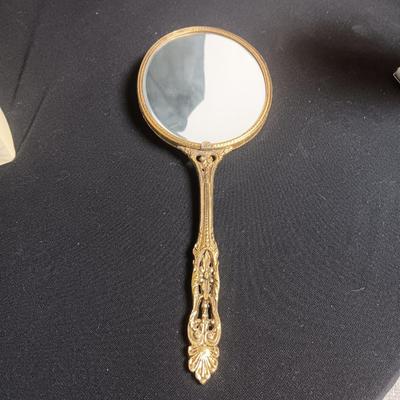 GREEN GLASS POWDER OR TRINKET BOX, LENOX FORTUNE ELEPHANT & VANITY MIRROR